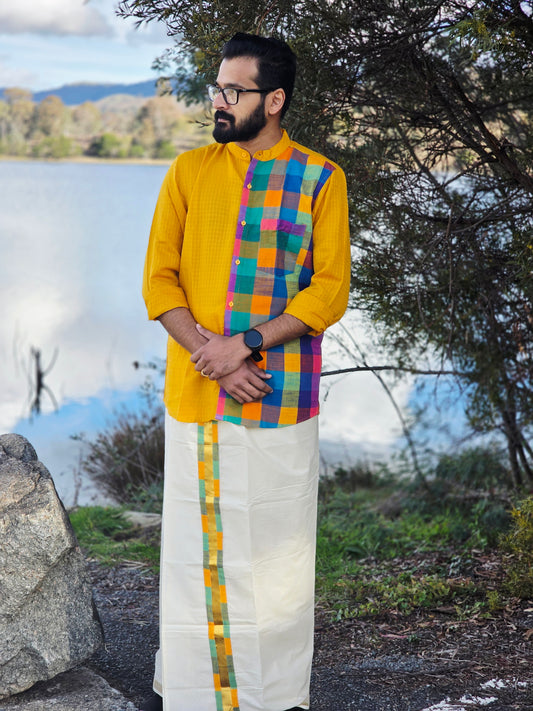 Half & Half Mango Yellow & Madras Kattam Chinese Collar Shirt with Kerala Double Mundu Set