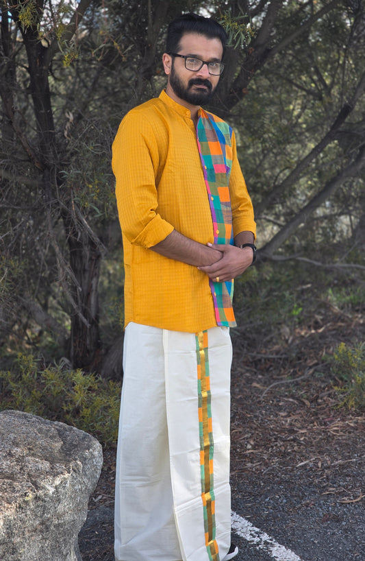 Half & Half Mango Yellow & Madras Kattam Chinese Collar Shirt with Kerala Double Mundu Set