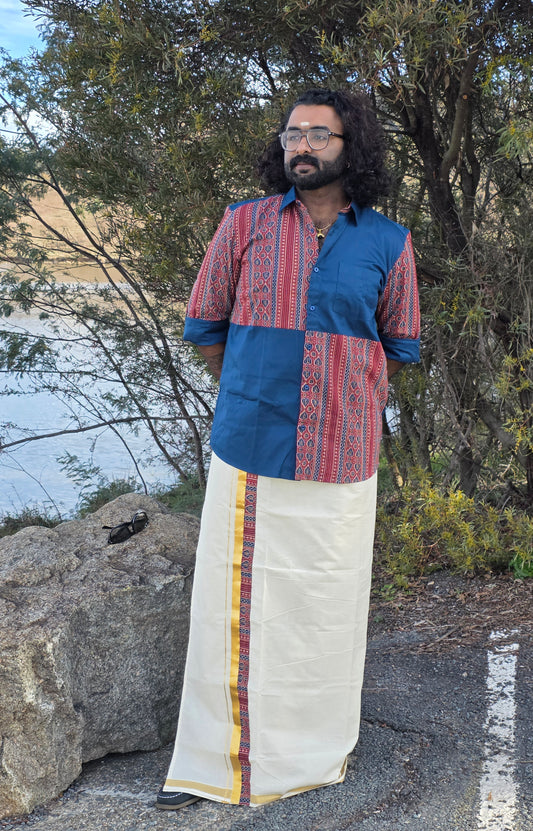 Half & Half Yale Blue Cotton & Kantha Patchwork Full Sleeve Shirt with Kerala Double Dhoti Set