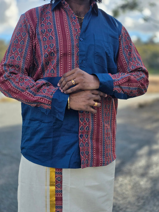 Half & Half Yale Blue Cotton & Kantha Patchwork Full Sleeve Shirt with Kerala Double Dhoti Set