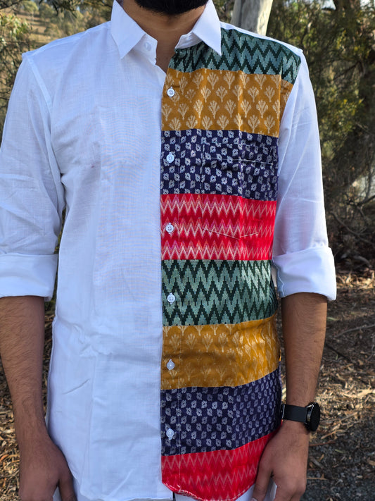 Half & Half White Cotton & Multi-Ikat Patch Full Sleeve Shirt with Kerala Mundu Set