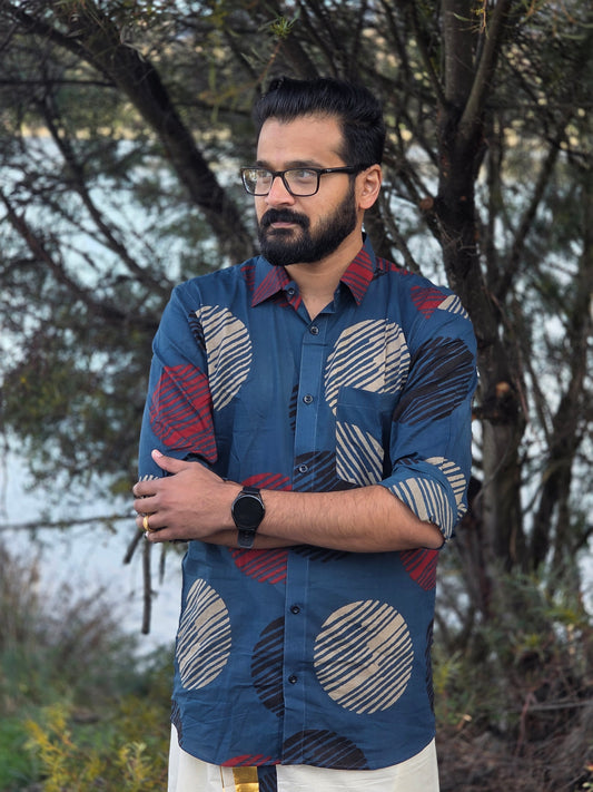 Indigo Circle Print Rayon Full Sleeve Shirt with Kerala Off-White Double Dhoti Set