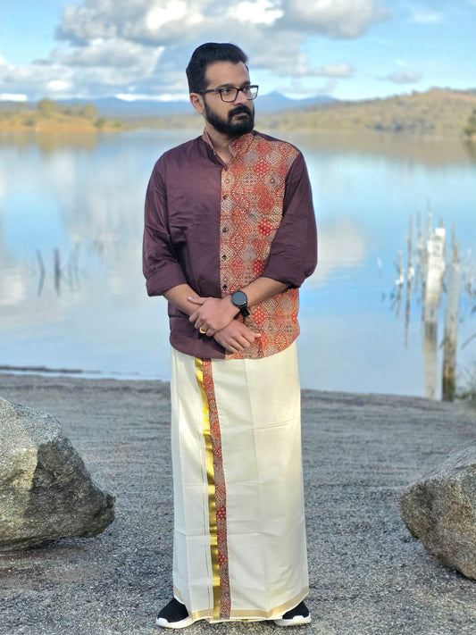 Half & Half Brown Cotton & Ajrak Patchwork Full Sleeve Shirt with Kerala Off-White Double Dhoti Set