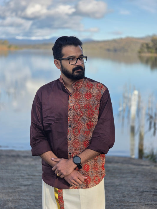 Half & Half Brown Cotton & Ajrak Patchwork Full Sleeve Shirt with Kerala Off-White Double Dhoti Set