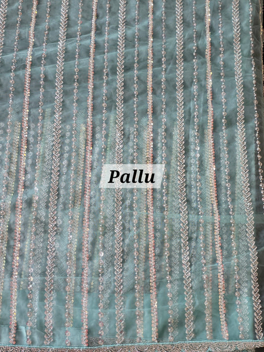 Cyan Premium Soft Net Partywear Saree with Stitched Blouse