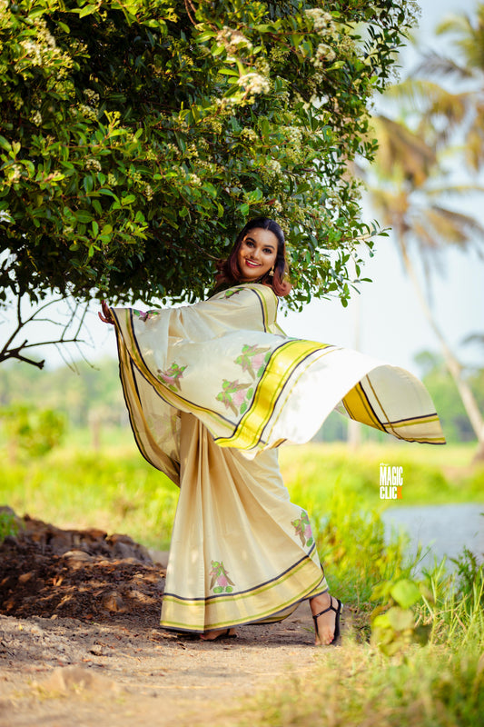 Tanjore Digital Print Kerala Tissue Saree with Ready-to-Wear Blouse