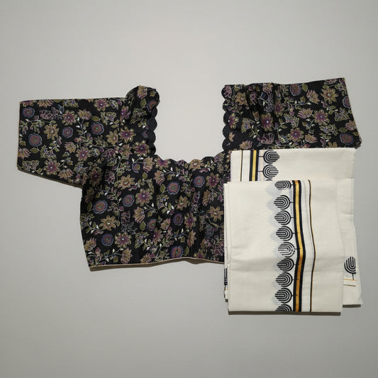 Kerala Set Mundu with Printed Blouse | 2.5M Cream Cotton with Arch Border Design
