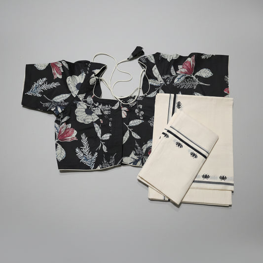 Puliyilakkara Set Mundu with Lotus Design | 2.75M with Printed Ready-to-Wear Blouse