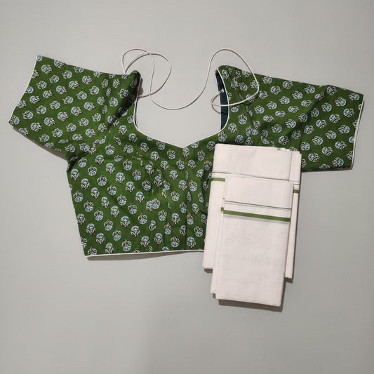 Puliyilakkara Set Mundu with Printed Blouse | Kerala Cotton with Stripe Border
