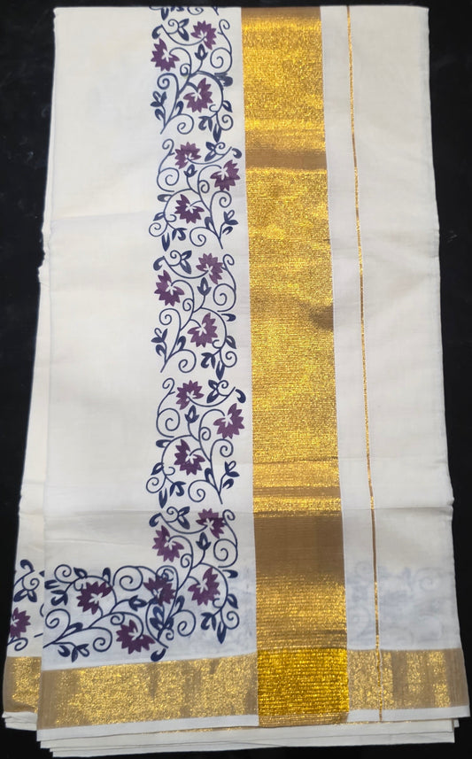 Kerala Cotton Saree with Screen Print & Ready-to-Wear Stitched Blouse