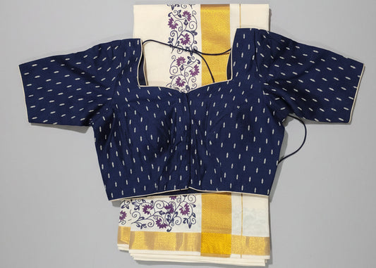 Kerala Cotton Saree with Screen Print & Ready-to-Wear Stitched Blouse