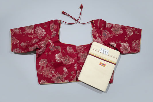 Puliyilakkara Set Mundu with Gold Kasavu Stripe | Kerala Cotton with Printed Blouse