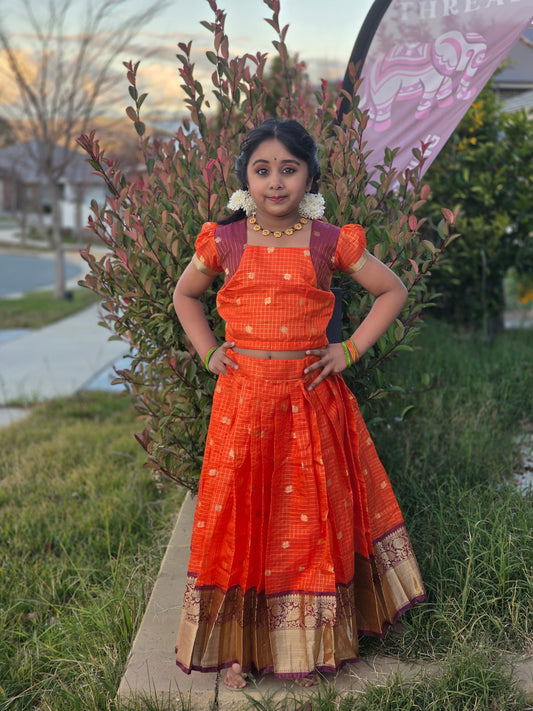 Orange & Brown Semi Silk Top & Skirt Set | Puff Sleeve