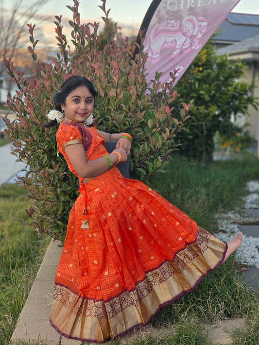 Orange & Brown Semi Silk Top & Skirt Set | Puff Sleeve