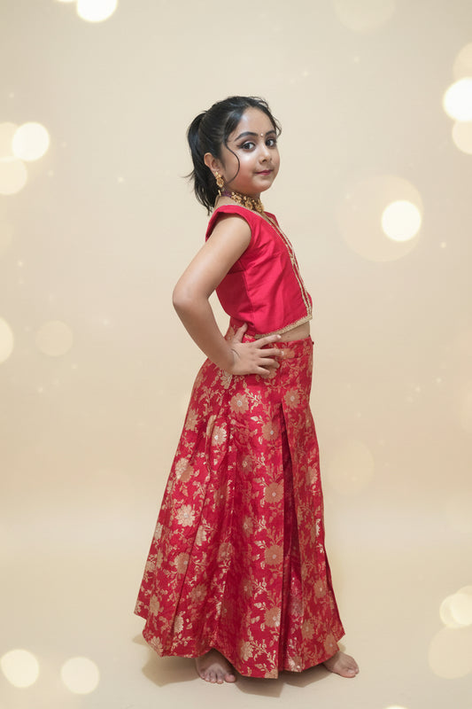 Girls Red semi  Silk Top & Brocade Skirt Set | Festive Lehenga