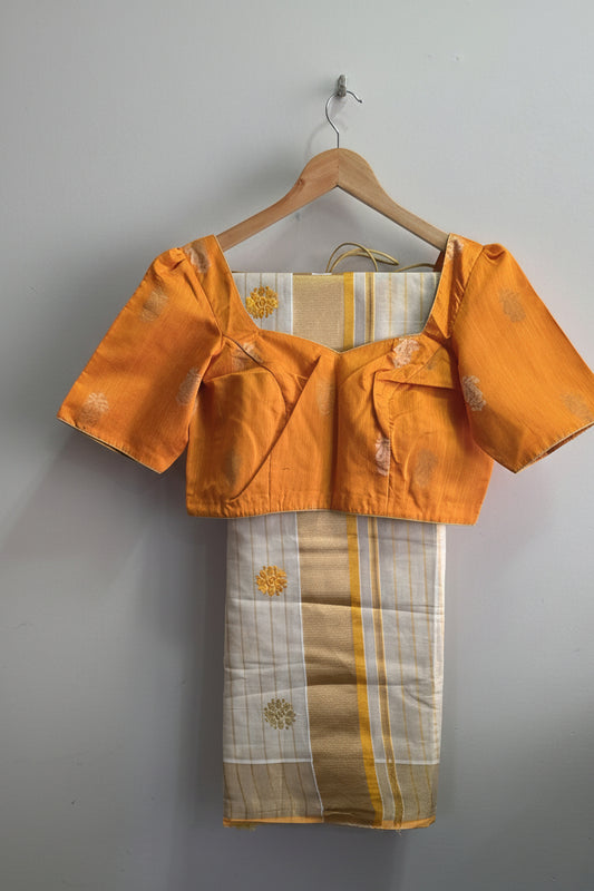 Kerala Tissue Saree with Scattered Gold Floral Butta & Kasavu Border | Ready to Wear Blouse