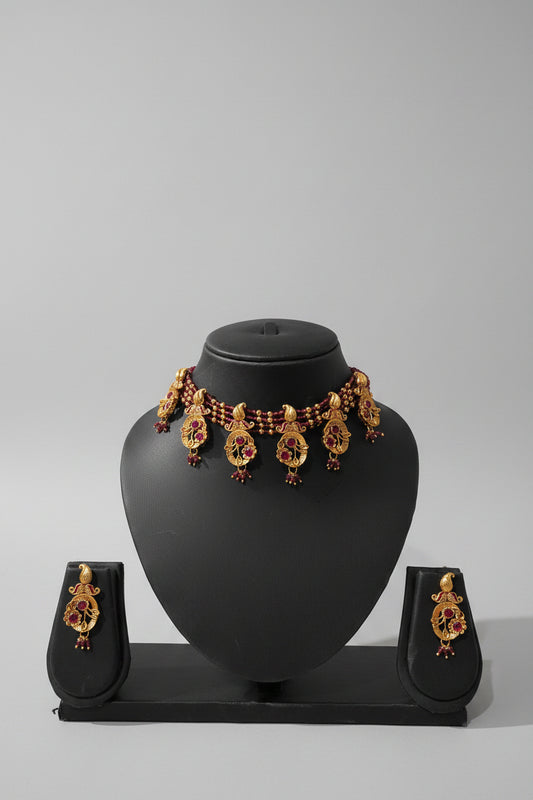 Antique Gold Temple Choker Necklace Set with Earrings