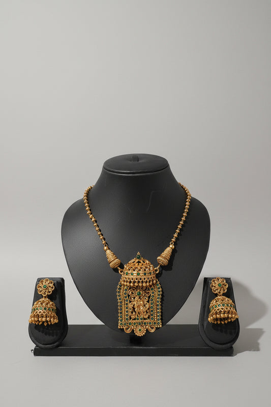 Radha Krishna Temple Pendant Necklace Set with Jhumka Earrings | Antique Gold