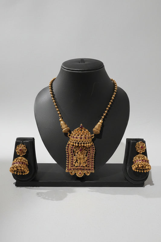 Radha Krishna Temple Pendant Necklace Set with Jhumka Earrings | Antique Gold