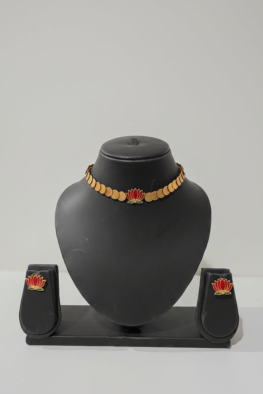 Lotus Enamel Coin Choker Necklace Set with Stud Earrings | Antique Gold Finish