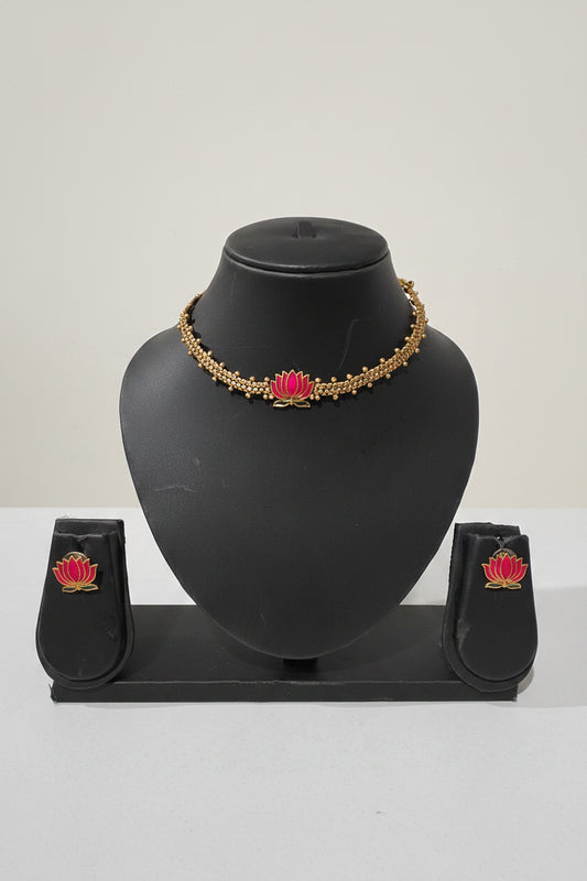 Lotus Enamel Choker Necklace Set with Stud Earrings | Antique Gold Finish