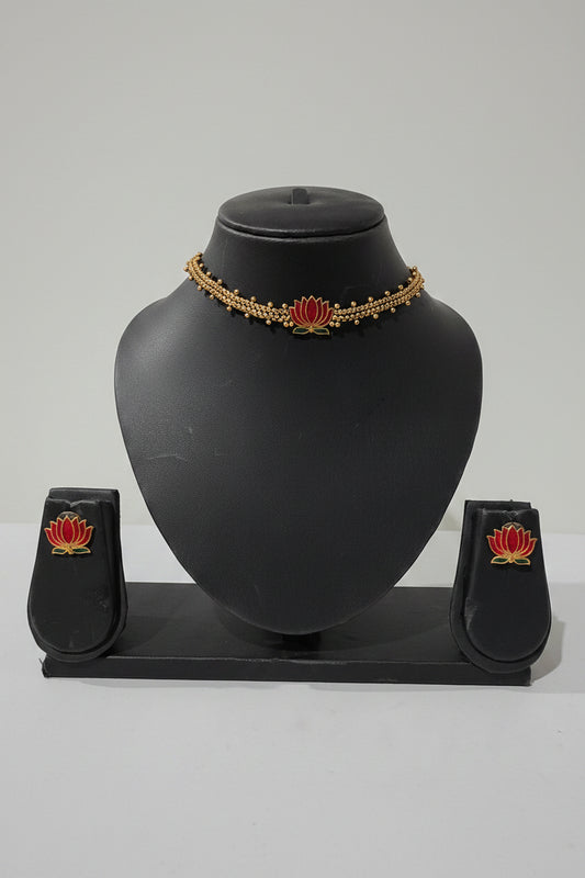 Lotus Enamel Choker Necklace Set with Stud Earrings | Antique Gold Finish