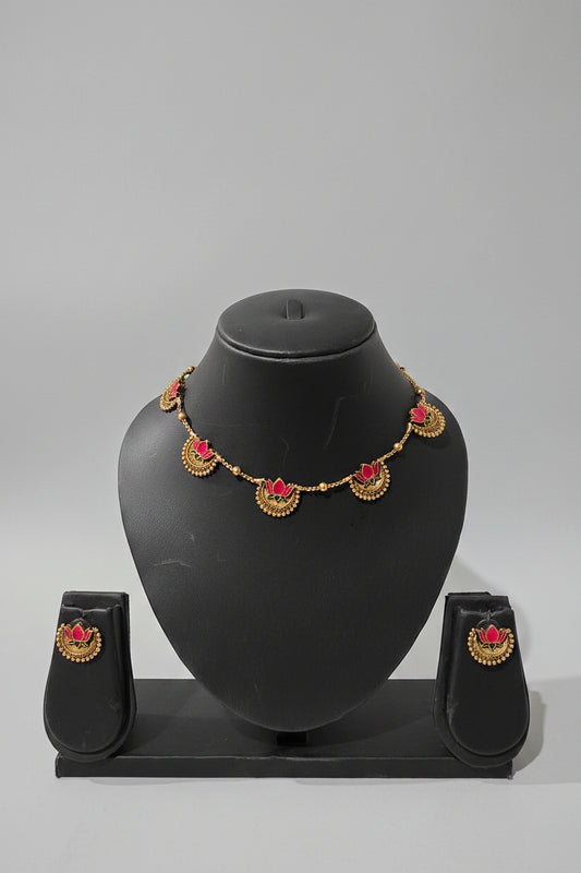 Multi Lotus Enamel Necklace Set with Stud Earrings | Antique Gold Finish