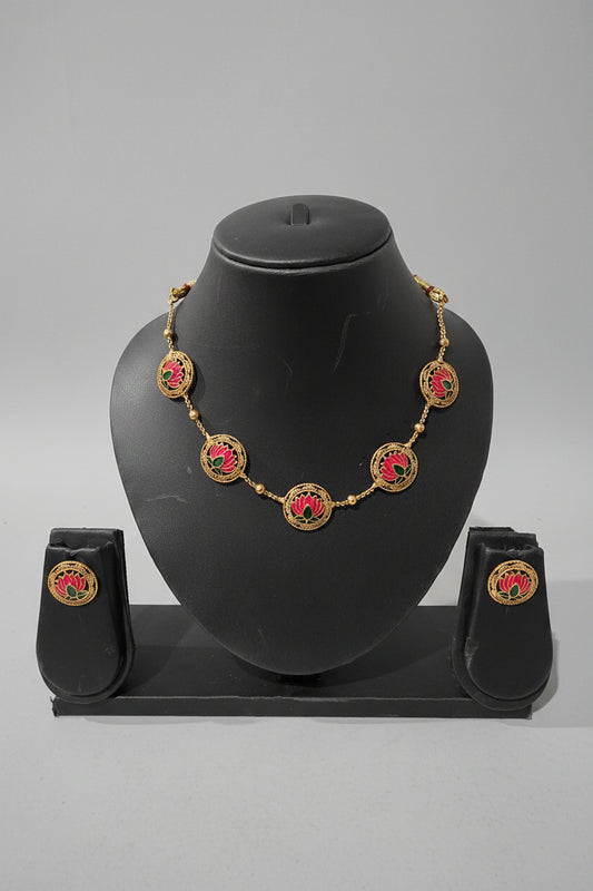 Lotus Filigree Medallion Necklace Set with Stud Earrings | Antique Gold Finish