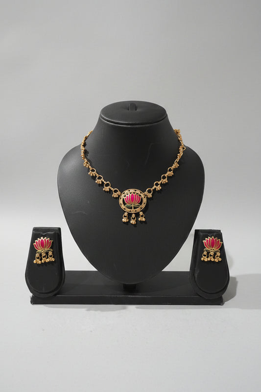 Lotus Enamel Pendant Necklace Set with Jhumka Earrings | Antique Gold Finish