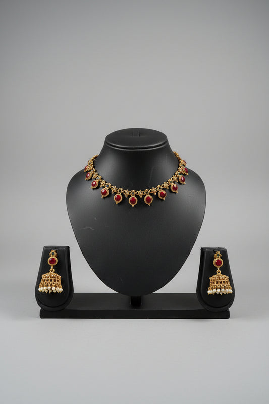 Kerala Kemp Stone Necklace Set with Jhumka Earrings