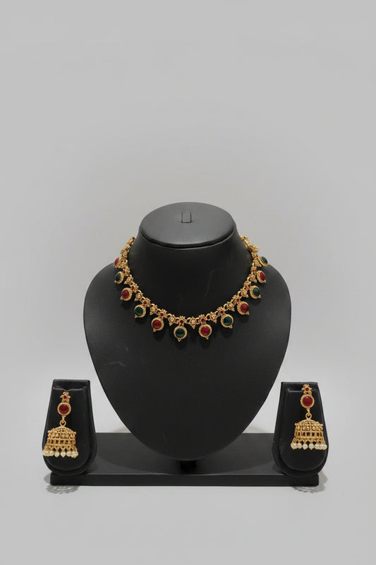 Kerala Kemp Stone Necklace Set with Jhumka Earrings