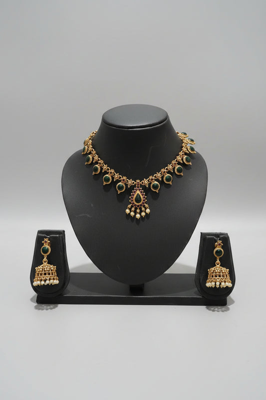Kerala Kemp Stone Teardrop Necklace Set with Jhumka Earrings
