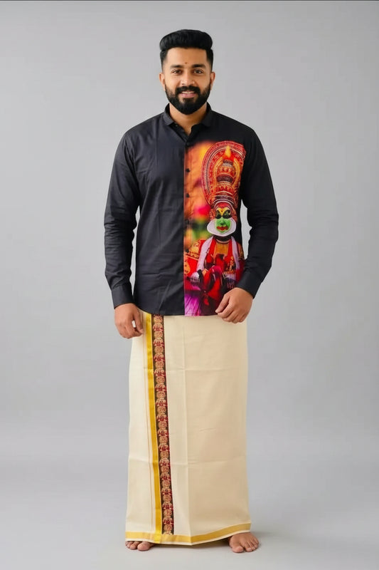 Half & Half Black Cotton & Kathakali Print Full Sleeve Shirt with Kerala Off-White Double Dhoti Set