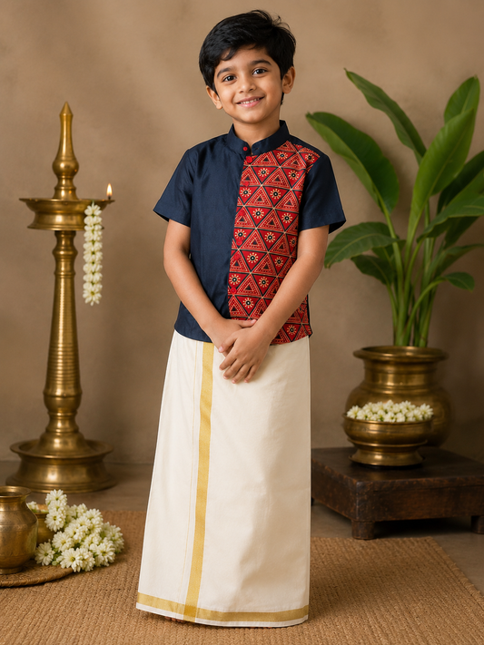 Boys Cotton Half & Half Ajrakh Print Shirt | Dark Navy Blue | Half Sleeve
