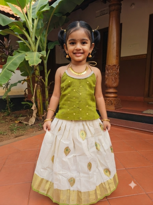 Girls Olive Green Kerala Top & Off White Gold Zari Butta Skirt Set