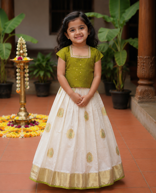 Girls Olive Green Kerala Top & Off White Gold Zari Butta Skirt Set