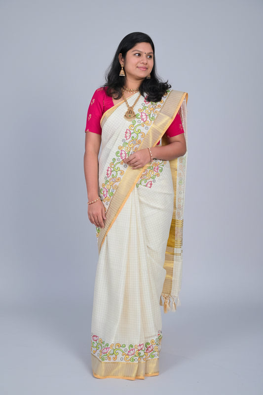 Mural Digital Design Kerala Cotton Saree with Ready to Wear Blouse