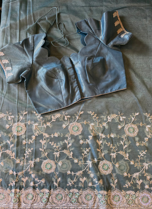 Metallic Sage Green Embroidered Soft Net Partywear Saree with Stitched Blouse & Matching Underskirt