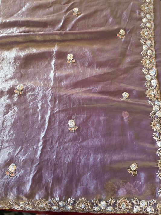 Metallic Lavender Chiffon Georgette Partywear Saree with Stitched Blouse