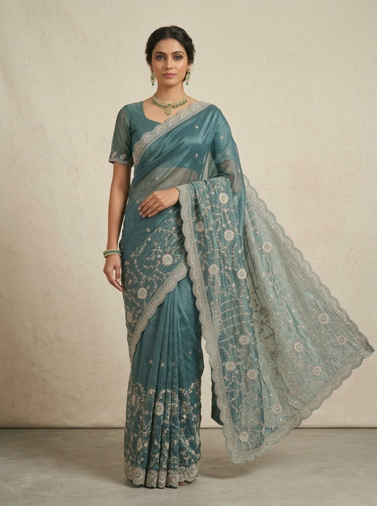 Metallic Sage Green Embroidered Soft Net Partywear Saree with Stitched Blouse & Matching Underskirt