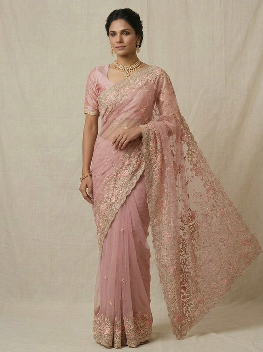 Dusty Pink Embroidered Soft Net Saree with Stitched Blouse & Satin Underskirt
