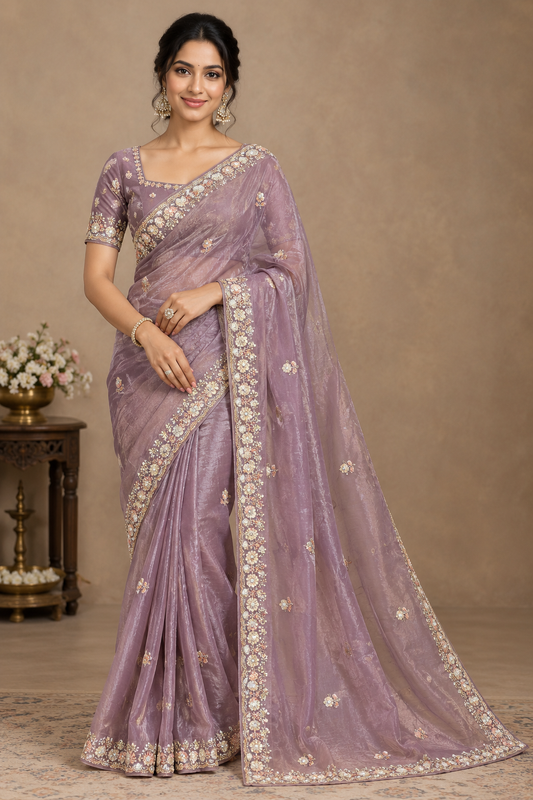 Metallic Lavender Chiffon Georgette Partywear Saree with Stitched Blouse