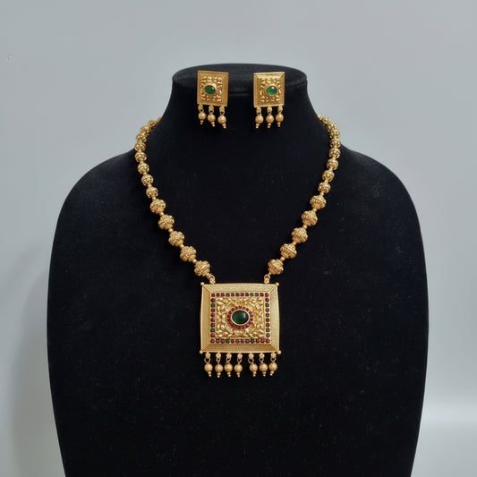 Golden Beaded Haram Necklace Set with Ear Studs