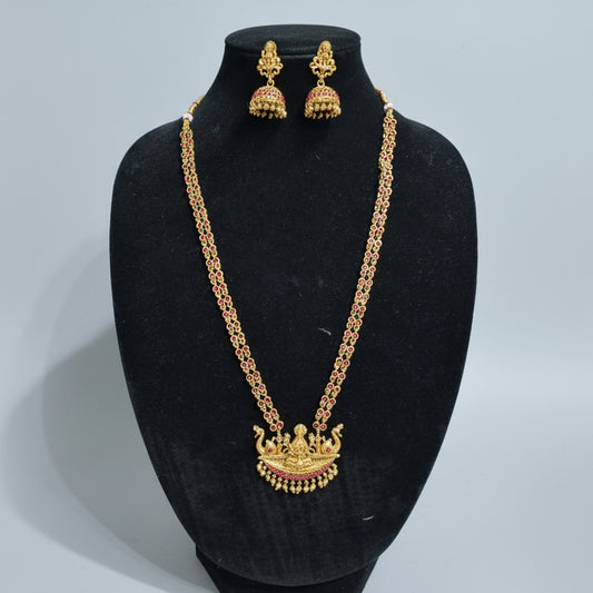 Long Antique Gold Ruby Stone Haaram with Lakshmi Pendant & Jhumka Earrings