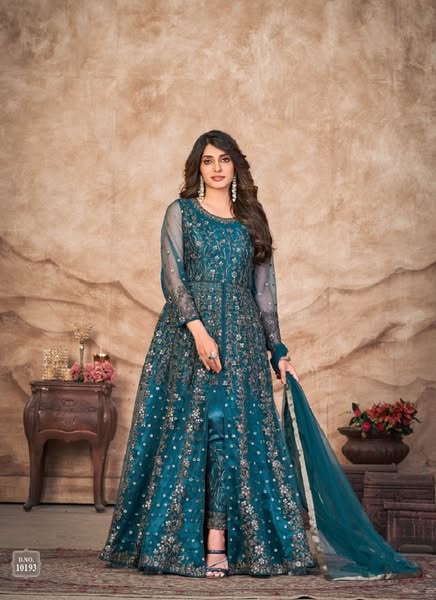 Teal blue  Embroidered Designer Net Salwar Suit