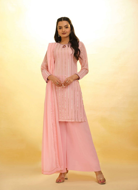 Pink Sequins Embellished Palazzo Suit