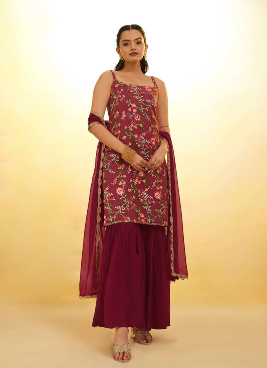 Cherry Red  Embroidered  Party wear Sharara Suit