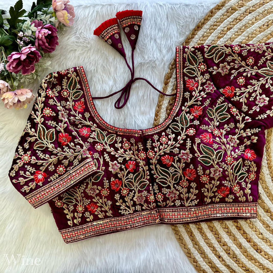 Velvet Embroidery heavy work  readymade saree blouses