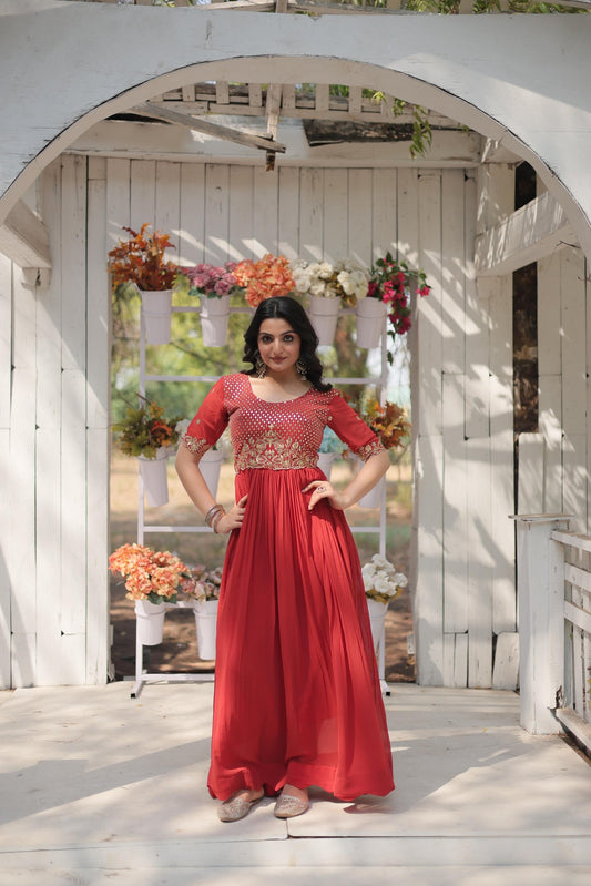 Orange Faux Georgette Sequence Embroidered Gown