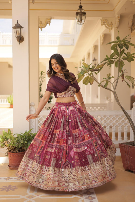 Purple Embroidery Russian Silk Indo Western Lehenga Choli
